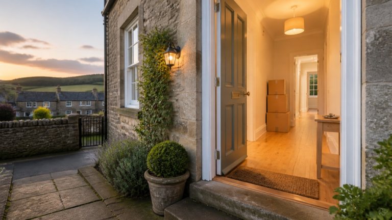 The open front door of a cleared stone cottage at dusk, warm hall light inside and the Borders hills beyond