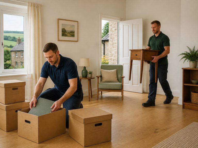 Two Duns House Clearance crew members in branded polo shirts packing boxes and carrying a side table from a Borders cottage, with stone houses and green hills through the window