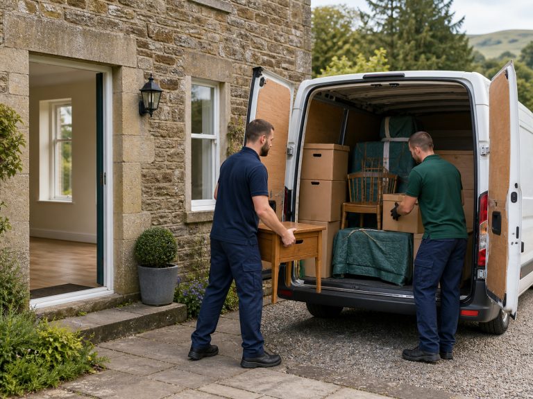 A living room being cleared room by room, with furniture and boxes sorted ready for removal