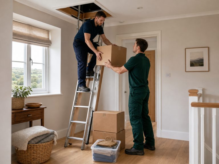 A loft clearance underway, with the ladder down and boxes being brought out
